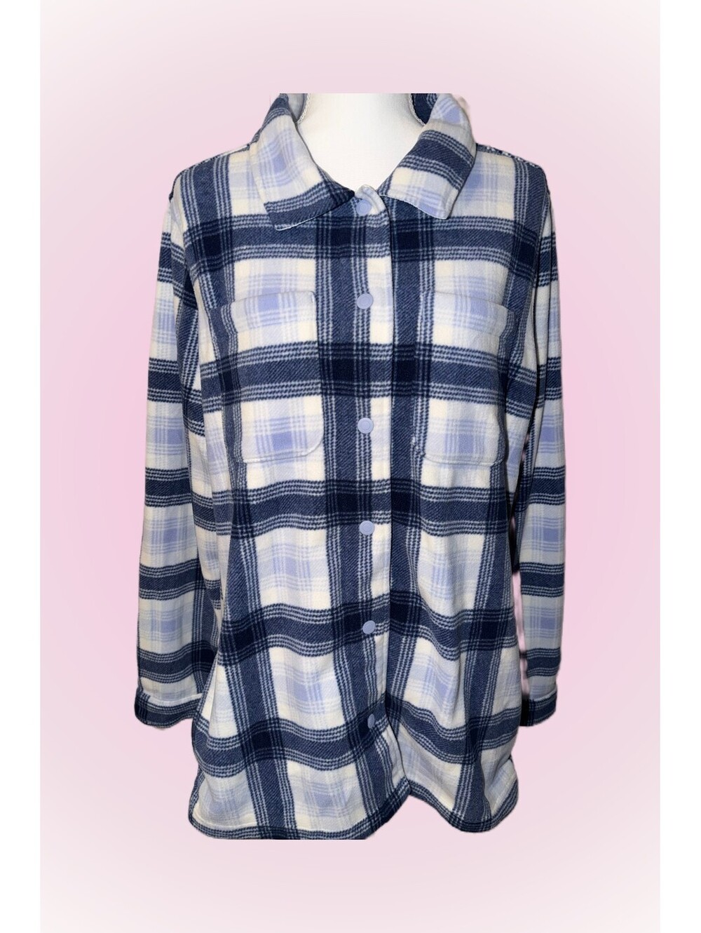 Womens Size XL/T 18 Blue & White Plaid Snap-Front Fleece Sweater with Collar